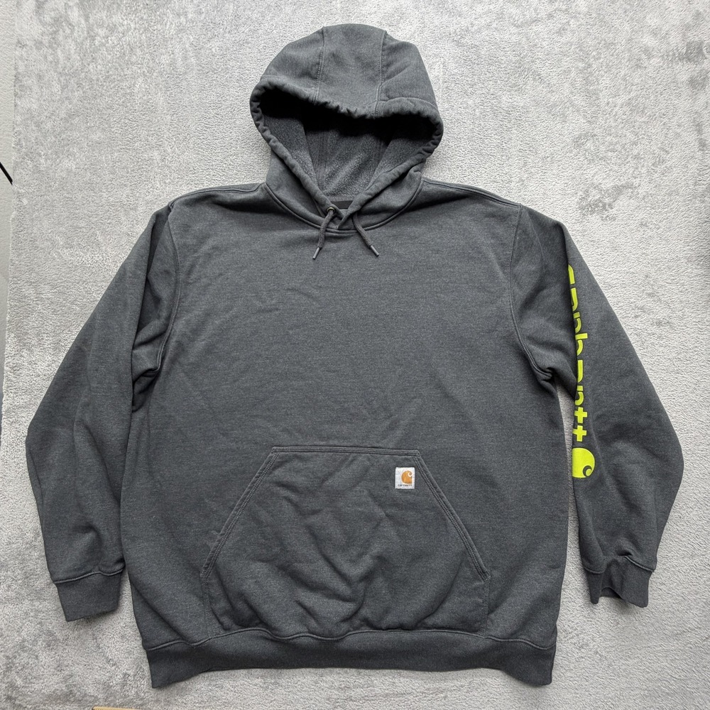 Carhartt Hoodie Mens 2XL Gray Loose Fit‎ K288 Sleeve Logo Pullover Fleece